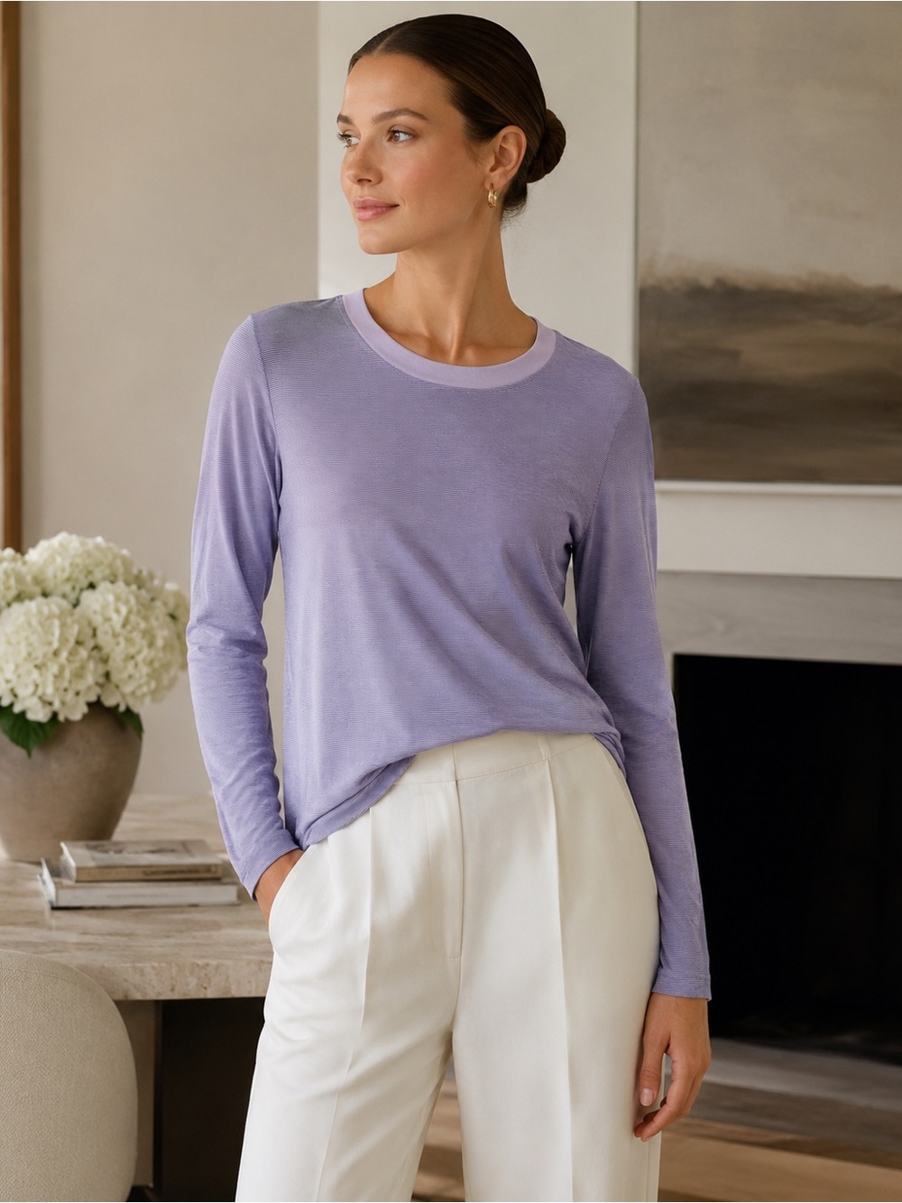 COS Lavender Fine Stripe Crewneck Long Sleeve Tee 100% Cotton Size Small